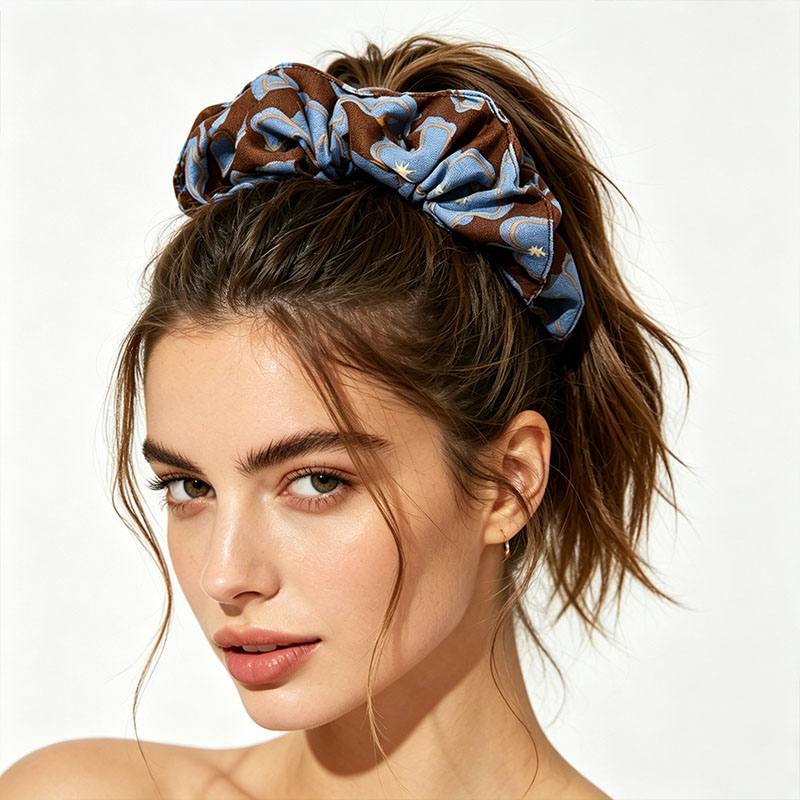 Vintage Fashion Ornaments - New Vintage Print Blue Brown Scrunchie
